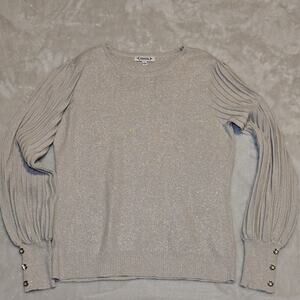 Nanette Lepore Women’s Large Shimmer Knit Sweater Metallic Pleated Sleeve Jewels